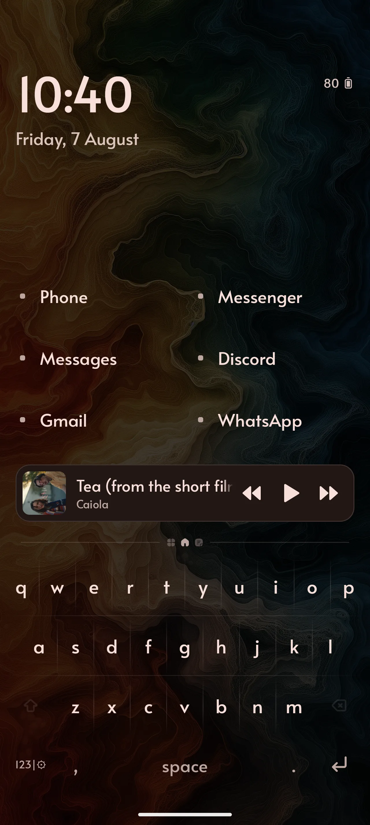 kybd launcher home screen with the clock, app list and keyboard, showing a music player with playback controls