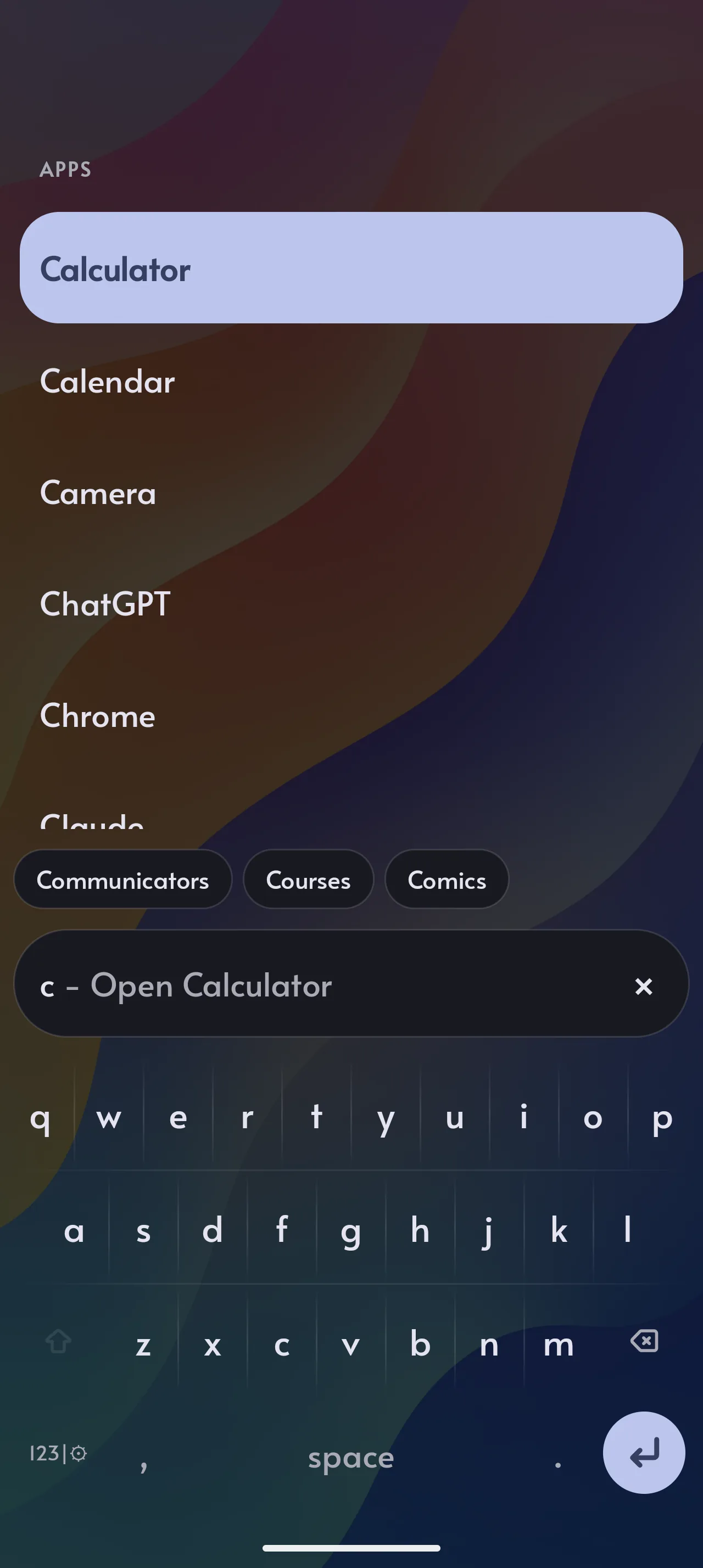 Searching in kybd launcher — typing a few letters to instantly filter and open an app