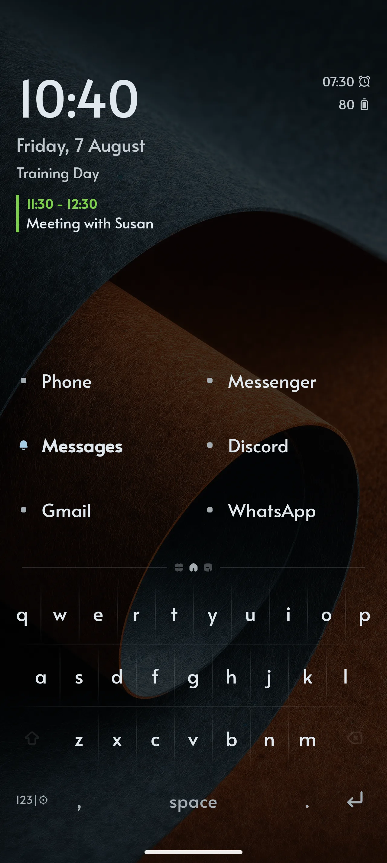kybd launcher home screen showing the clock, an upcoming calendar meeting and the app list