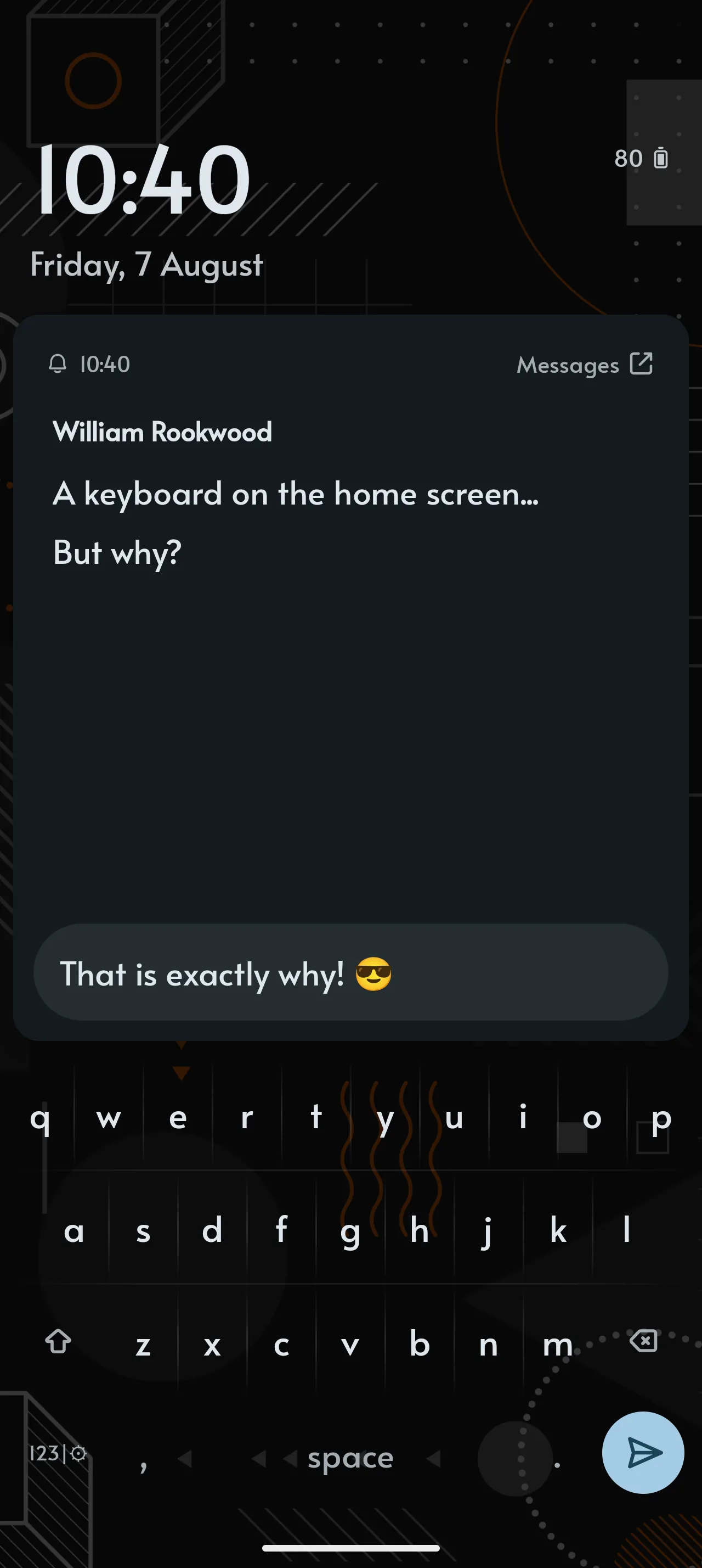 Replying to a Messages notification straight from the kybd launcher home screen